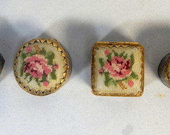 Vintage cloisonne pill jewelry trinket box circa mid to late Century embroidered flower unused