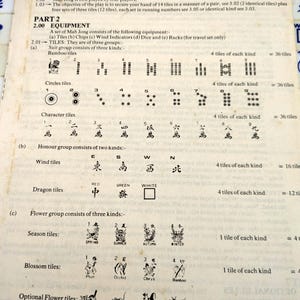 May include: An open book with instructions for playing Mah Jong. The text includes an introduction, equipment list, and details on tiles, including Bamboo, Circles, Character, Wind, Dragon, Flower, and Blossom tiles.