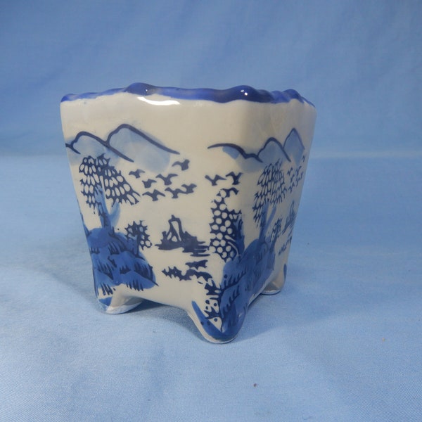 Vintage Chinese ceramic Chinoiserie blue white flower bonsai pot land scape design circa late 20th Century unused from old stock