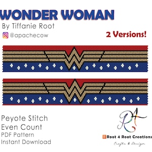 May include: A digital pattern for a Wonder Woman beaded bracelet. The pattern is for peyote stitch and even count. The pattern is available for instant download.