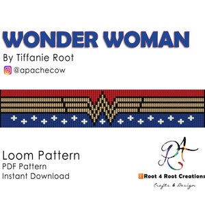 May include: A digital download pattern for a Wonder Woman loom bracelet. The pattern features the Wonder Woman logo in red, blue, white, and gold colors. The pattern is available for instant download.