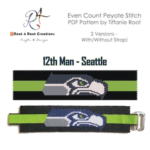 May include: A beaded bracelet pattern featuring the Seattle Seahawks logo, a green and blue bird with a white beak and green eyes, on a black background with a green stripe. The pattern is for even count peyote stitch and includes two versions, one with a strap and one without.