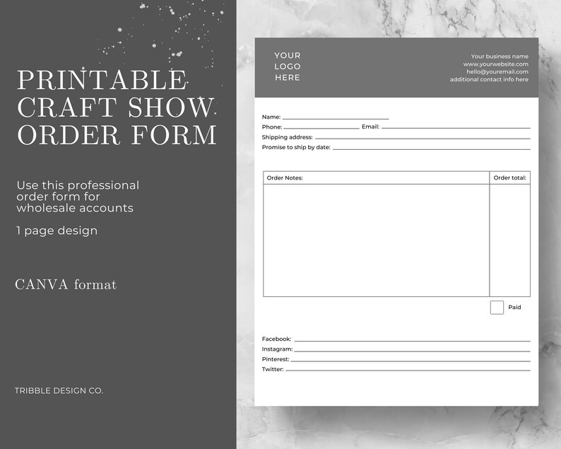 Printable Craft Show Order Form, Craft Show Order Sheet, Order Sheet ...