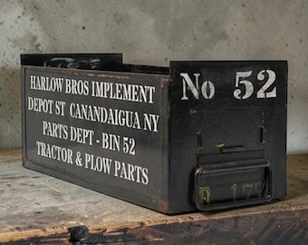 Vintage Industrial Metal Parts Bin – Army Green Stenciled Storage Catch-All