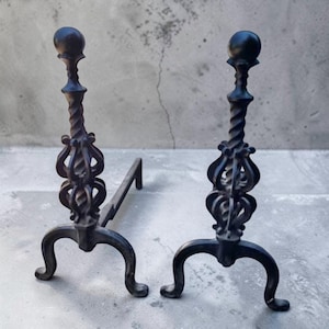 Exquisite Ornate Wrought Iron Fireplace Andirons – Vintage Decorative Firedogs Pair