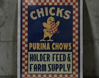 Purina Chows Chick Feed Farm Sign 12x17" | Reclaimed Galvanized Metal Chicken Coop Farm Decor