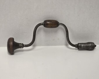 Antique Primitive Carpenter's Bit Brace – Wood & Brass Handle Square Bit Drill