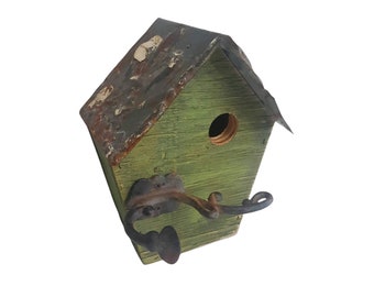 Rustic Country style Birdhouse With Fleur De Lis Tin Roof & Coat Hook Perch