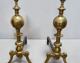 Antique Brass & Iron Fireplace Andirons – Ornate Hearth Log Holders Vintage Fire Irons