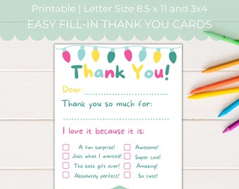 Kids' Fill-In Christmas Thank You Cards: Printable Gratitude Notes (Digital Download)