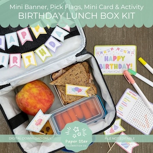 Könnte beinhalten: Ein druckbares Geburtstags-Lunchbox-Set mit einem Banner, Flaggen, einer Karte und einem Arbeitsblatt. Das Set hat ein farbenfrohes Design mit Ballons, Konfetti und den Worten "Happy Birthday!" Das Set ist perfekt für eine Kindergeburtstagsparty.