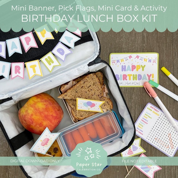 Printable Birthday Decorations Kit for Lunch Box | Printable Cake Topper, Lunchbox Printables, Digital Download, Back to School, MORE COLORS