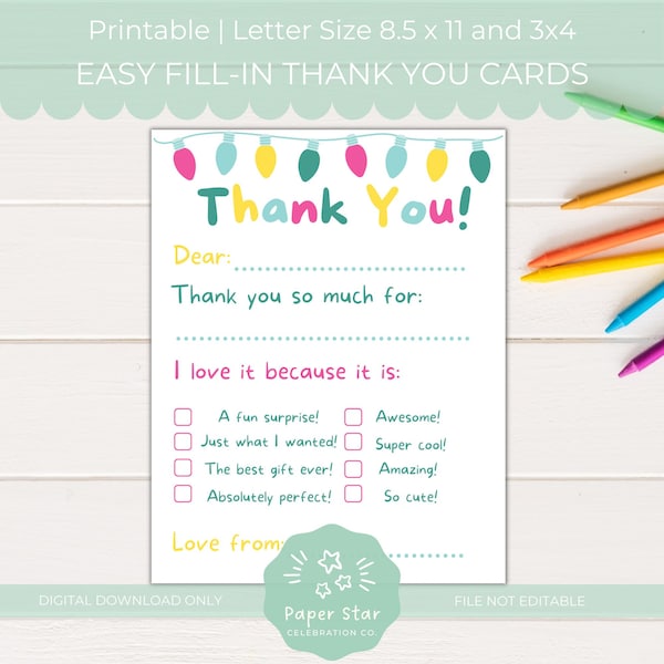 Easy Printable Fill-In Holiday Thank You Cards for Kids | Cute Christmas Notecards for Learning Gratitude, 2 Size Options