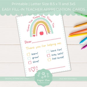 Afdrukbare kinderen leraar waardering bedankkaarten | Leuke en kleurrijke ontwerpen, perfect om dankbaarheid te leren | Directe download