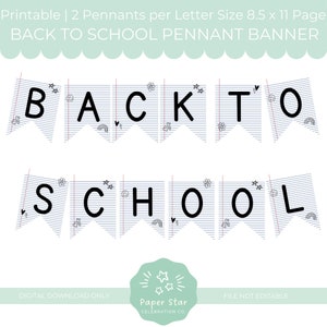 Pancarta imprimible para el regreso a clases, decoraciones para el aula del primer día de clases, pancarta con letras con garabatos en papel para cuaderno, banderines, descarga instantánea