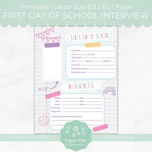 First Day of School Printable, Questionnaire, Interview, First Day, Back to School, All about me, Instant Download, BRIGHT OPTION AVAILABLE