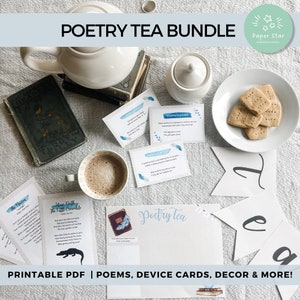 Paquet de thé de poésie | Poèmes imprimables que les enfants adorent, cartes d’appareils poétiques, recettes adaptées aux enfants, bannière et sets de table Tea Party, prêts pour l’école à la maison