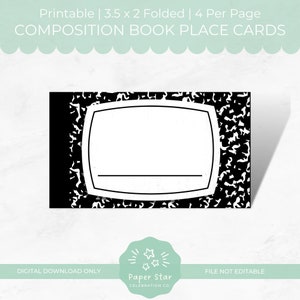 Printable Composition Book Place Cards, Back to School Name Cards, Back to School Breakfast Party, Digital Download, Not Editable