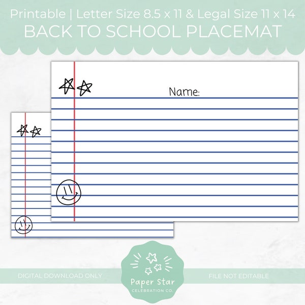 Printable Back To School Notebook Paper Placemat, Back to School Breakfast Decorations, Back to School Printables, Instant Download