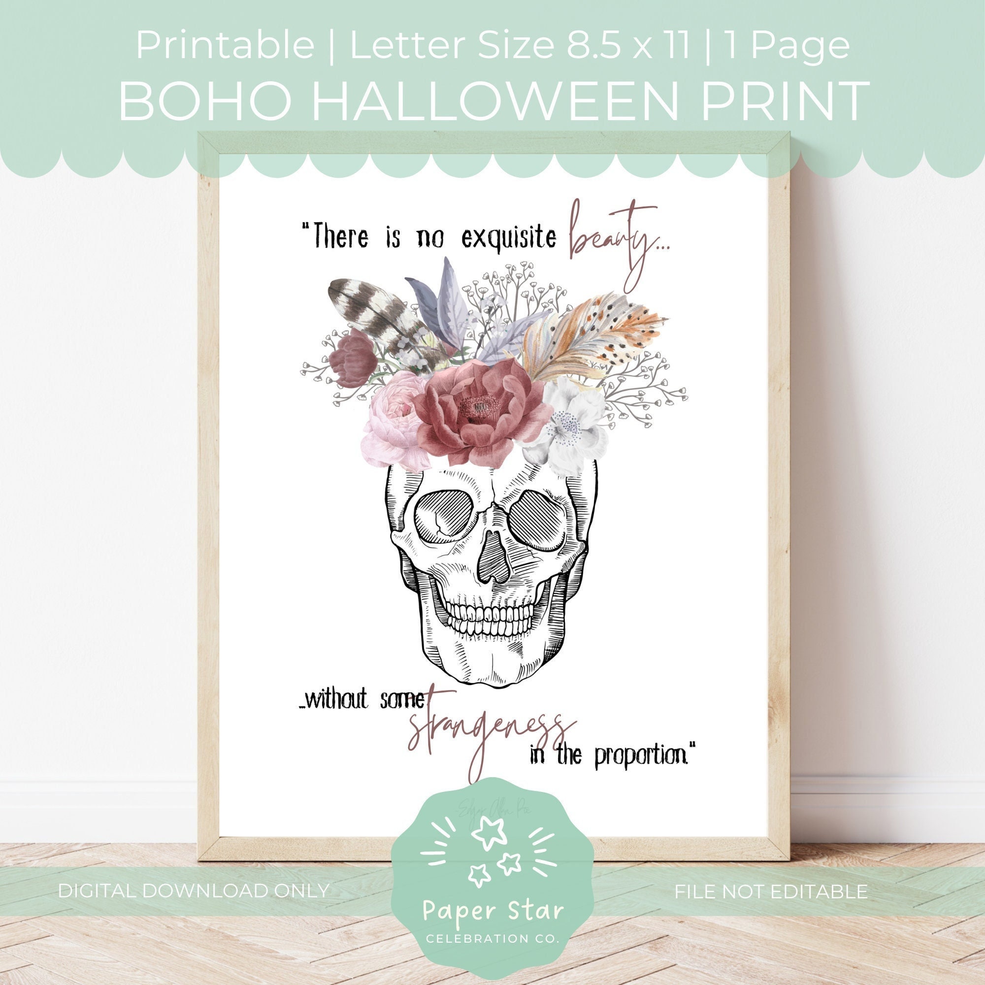 Boho Halloween Printable Edgar Allan Poe Quote, Boho Skull With Flowers, Pretty Halloween ...
