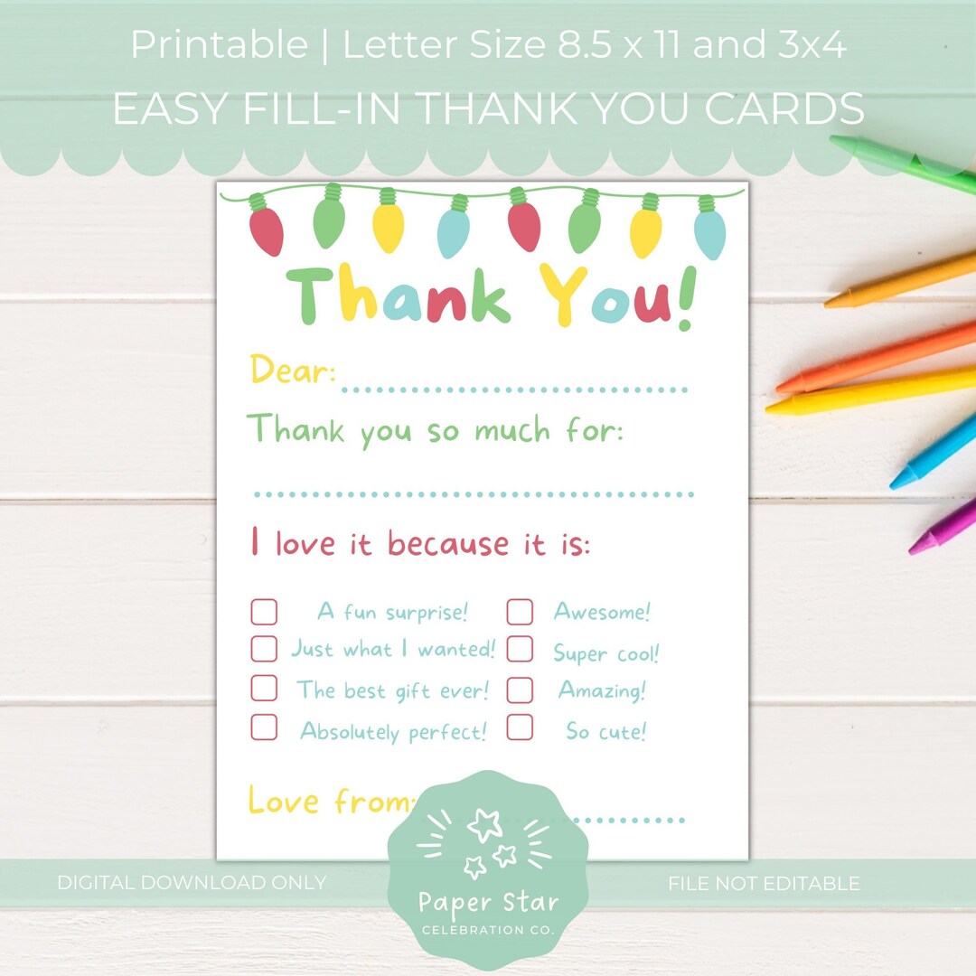 Easy Printable Fill-in Holiday Thank You Cards for Kids Cute Christmas ...