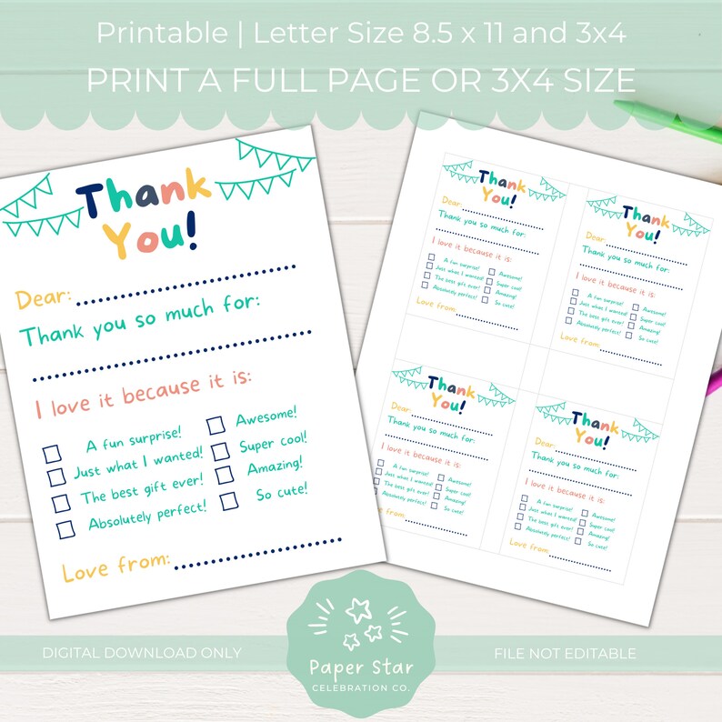 Easy Printable Fill-in Thank You Cards for Kids Cute - Etsy