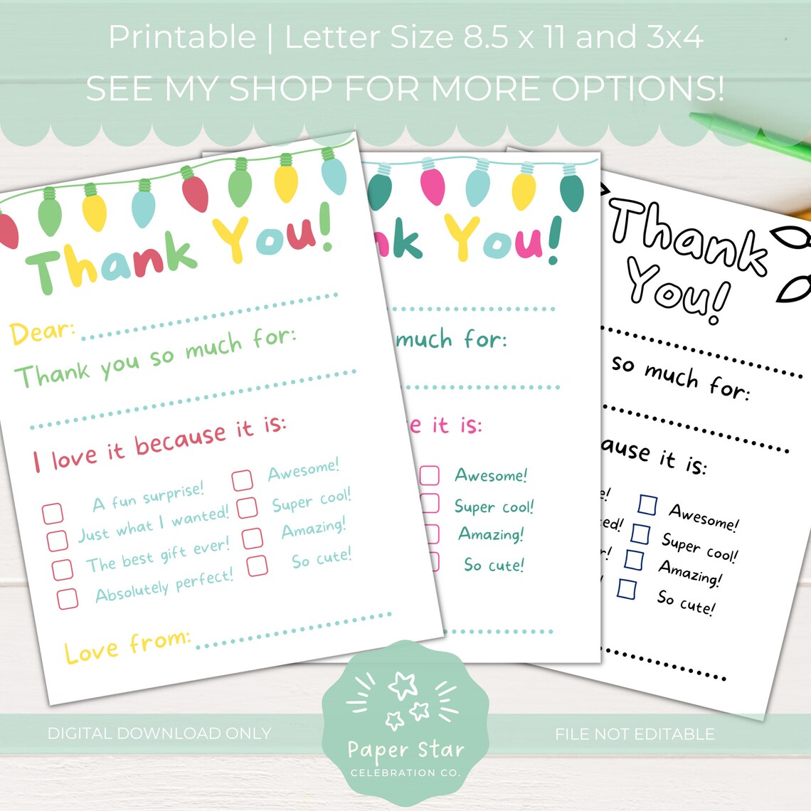Easy Printable Fill-in Holiday Thank You Cards for Kids Cute Christmas ...