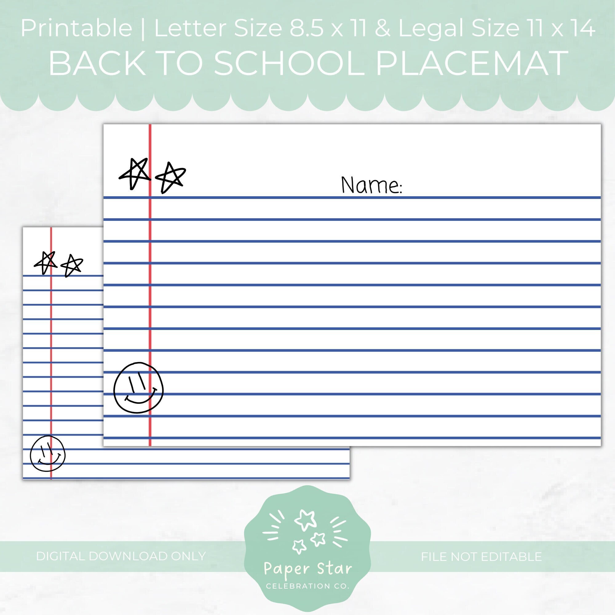 Printable Back to School Notebook Paper Placemat, Back to School