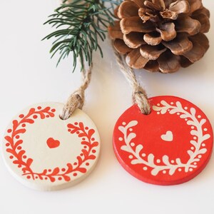 Scandinavian Christmas decorations -Set of 2 clay home ornaments -Nordic Christmas decor -Rustic Valentine decoration -Hand painted gift tag