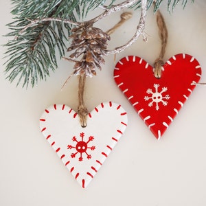 Scandinavian Christmas decorations -Set of 2 clay Valentines day gift -Hand painted rustic Christmas -Rustic Valentines idea -Gift tag