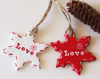 Scandinavian Christmas ornaments -Set of 2 clay snowflake decorations -Love sign -Winter wedding favors -Scandinavian design home decor