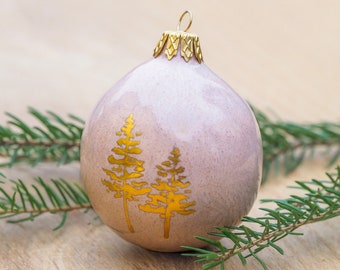 Ceramic Christmas ornament with 24k gold | Handmade Christmas bauble | Pine tree ornament | Ceramic bauble | Pink Christmas decoration