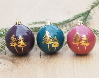 Set of 3 Christmas baubles with 24 k gold | Pine tree ornament | Handmade baubles | Christmas ornament set | Jewel tone Christmas decor