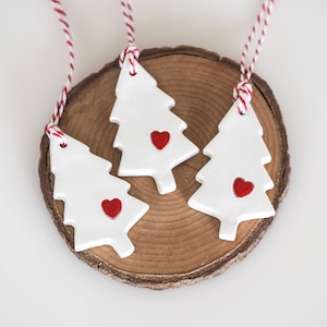 Christmas tree ornaments -Set of 3 rustic Christmas decorations -Red and white winter wedding favor -Handmade Christmas decor -Clay gift tag