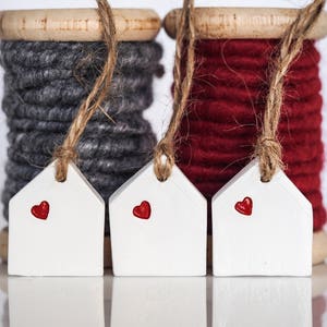 Miniature house decorations -Set of 3 mini houses ornaments -Christmas ornaments - Clay house Valentines gift -White and red decor -Gift tag