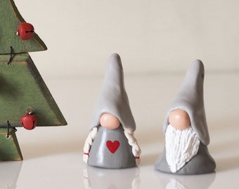 Christmas gnome couple - Scandinavian gnomes - Nordic Christmas ornaments - Clay Christmas decorations - Tomte - Scandi decor - Clay tomten