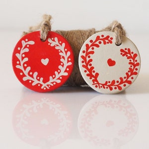 Scandinavian Christmas decorations -Set of 2 clay home ornaments -Nordic Christmas decor -Rustic Valentine decoration -Hand painted gift tag