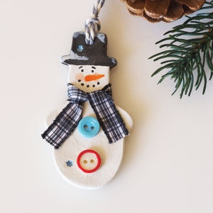 Clay snowman ornament Christmas ornament Christmas gift idea Holiday Christmas tree decoration Handmade and hand painted gift tag image 1
