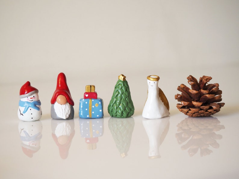 Christmas miniatures Set 5 Christmas ornaments Collectible thimbles Ceramic miniatures Clay Christmas decorations Stocking stuffer image 1