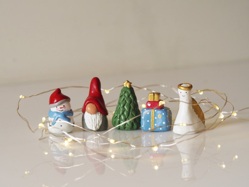 Christmas miniatures Set 5 Christmas ornaments Collectible thimbles Ceramic miniatures Clay Christmas decorations Stocking stuffer image 5