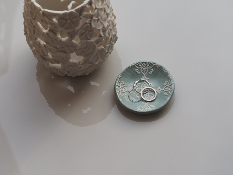 Mint green ring holder Mint green wedding ring dish Filigree ring holder Clay jewelry tray Valentines day gift Wedding ring holder image 5