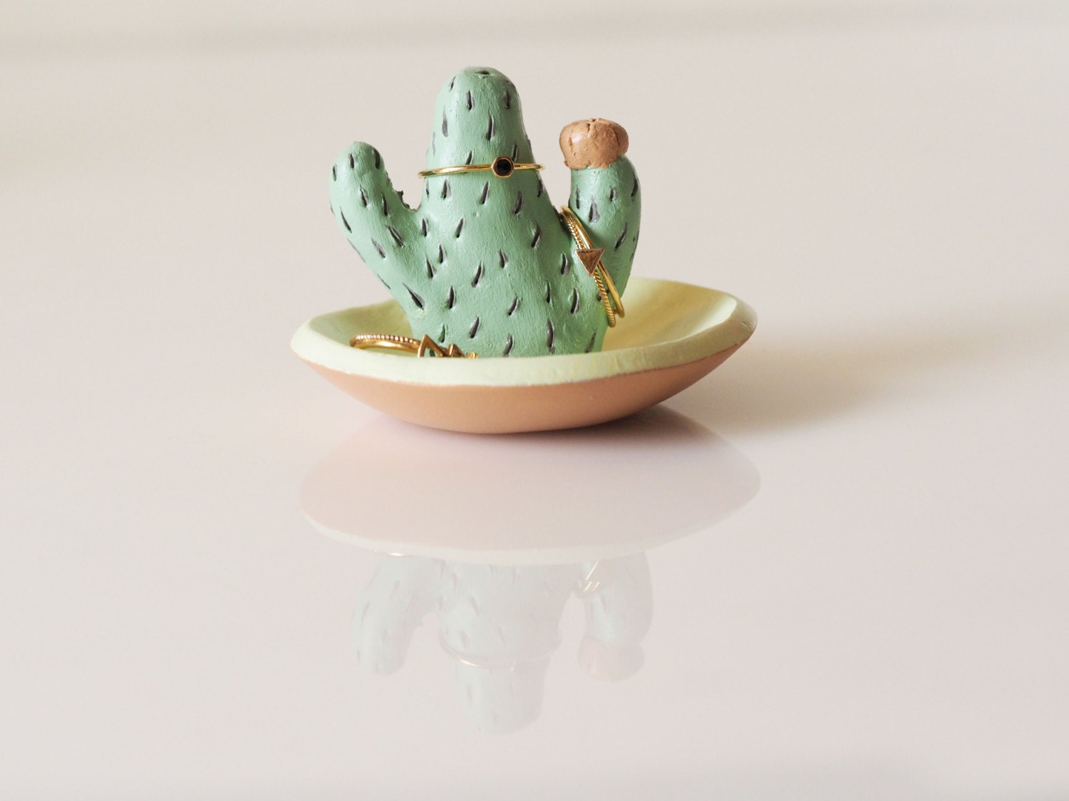 Green Cactus Ring holder with Jewelry Dish-Ceramic Succulent Jewelry  Tray-Cute Plant Ring Holder- Jewelry Organizer Display-Ring Tree