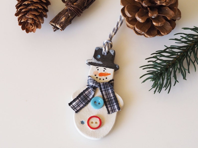 Clay snowman ornament Christmas ornament Christmas gift idea Holiday Christmas tree decoration Handmade and hand painted gift tag image 5