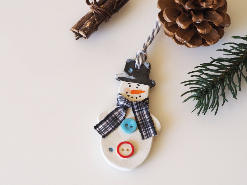 Clay snowman ornament Christmas ornament Christmas gift idea Holiday Christmas tree decoration Handmade and hand painted gift tag image 3