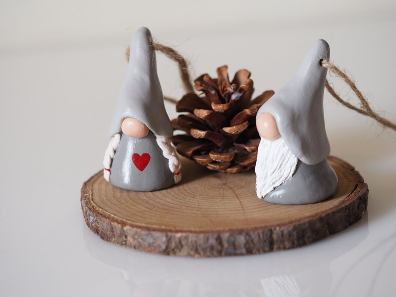 Christmas gnome couple Scandinavian gnomes Nordic Christmas ornaments Clay Christmas decorations Tomte Scandi decor Clay tomten image 4