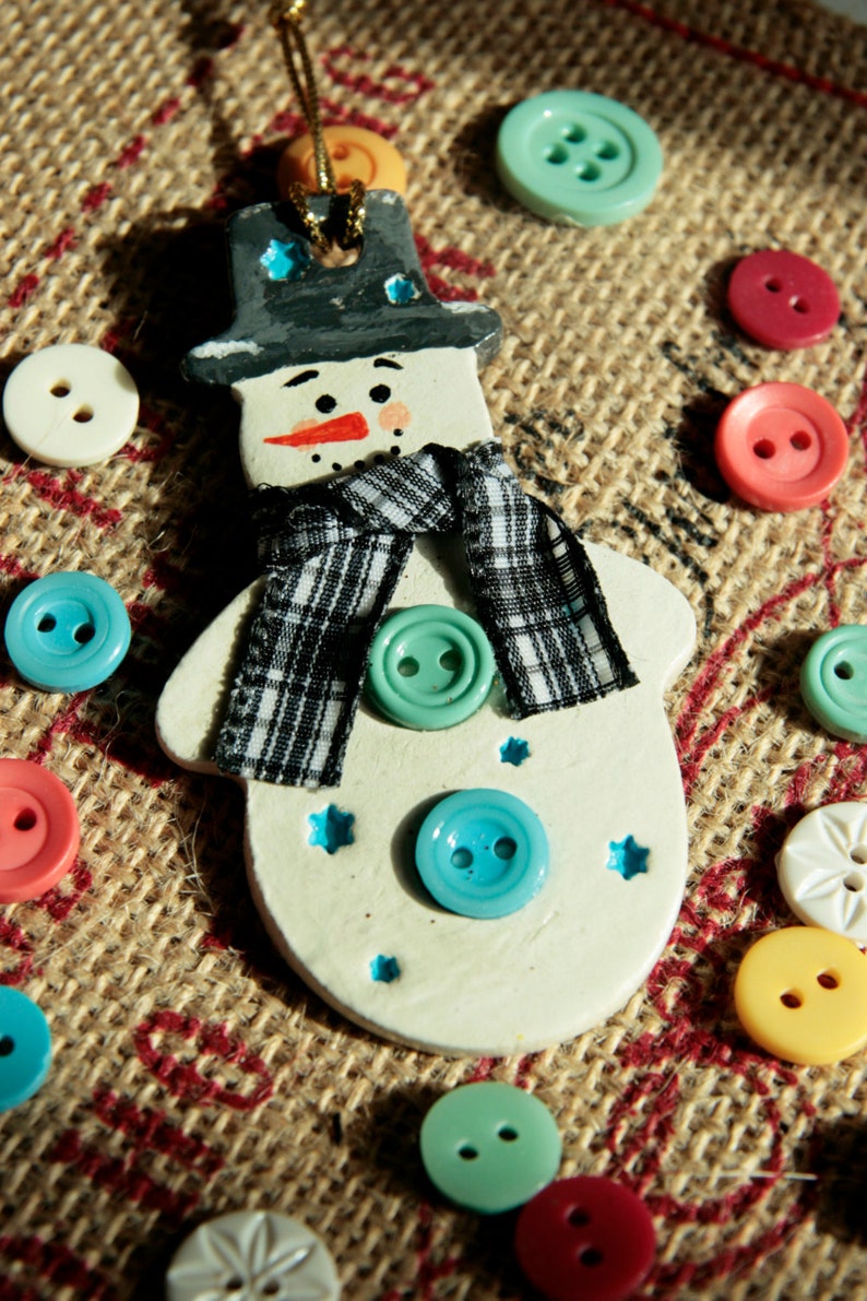 Clay snowman ornament Christmas ornament Christmas gift idea Holiday Christmas tree decoration Handmade and hand painted gift tag image 4