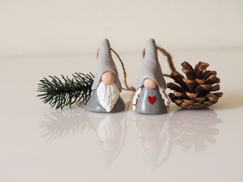 Christmas gnome couple Scandinavian gnomes Nordic Christmas ornaments Clay Christmas decorations Tomte Scandi decor Clay tomten image 2