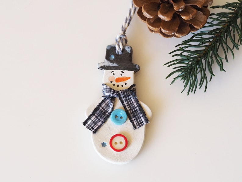 Clay snowman ornament Christmas ornament Christmas gift idea Holiday Christmas tree decoration Handmade and hand painted gift tag image 1