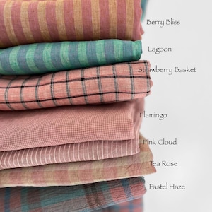 Yarn Dyed Striped and Checked Linen Fabric: Stone Washed Oeko-Tex Certified, Pink and Aqua Colours