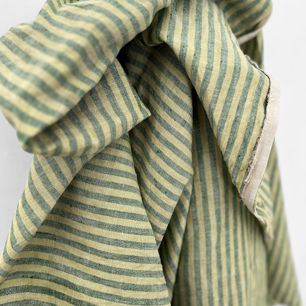 Green Striped Yarn-Dyed Linen Fabric: Stone Washed Soft Linen By The Yard